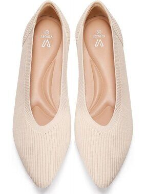Women's Beige Pointed Toe Comfort Foldable Slip On Dressy Knit Ballet Flat Shoes